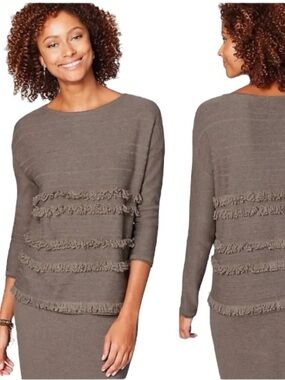 J Jill Faye Fringed Boatneck Sweater XL Mocha Heather Fringe Textured Knit Top